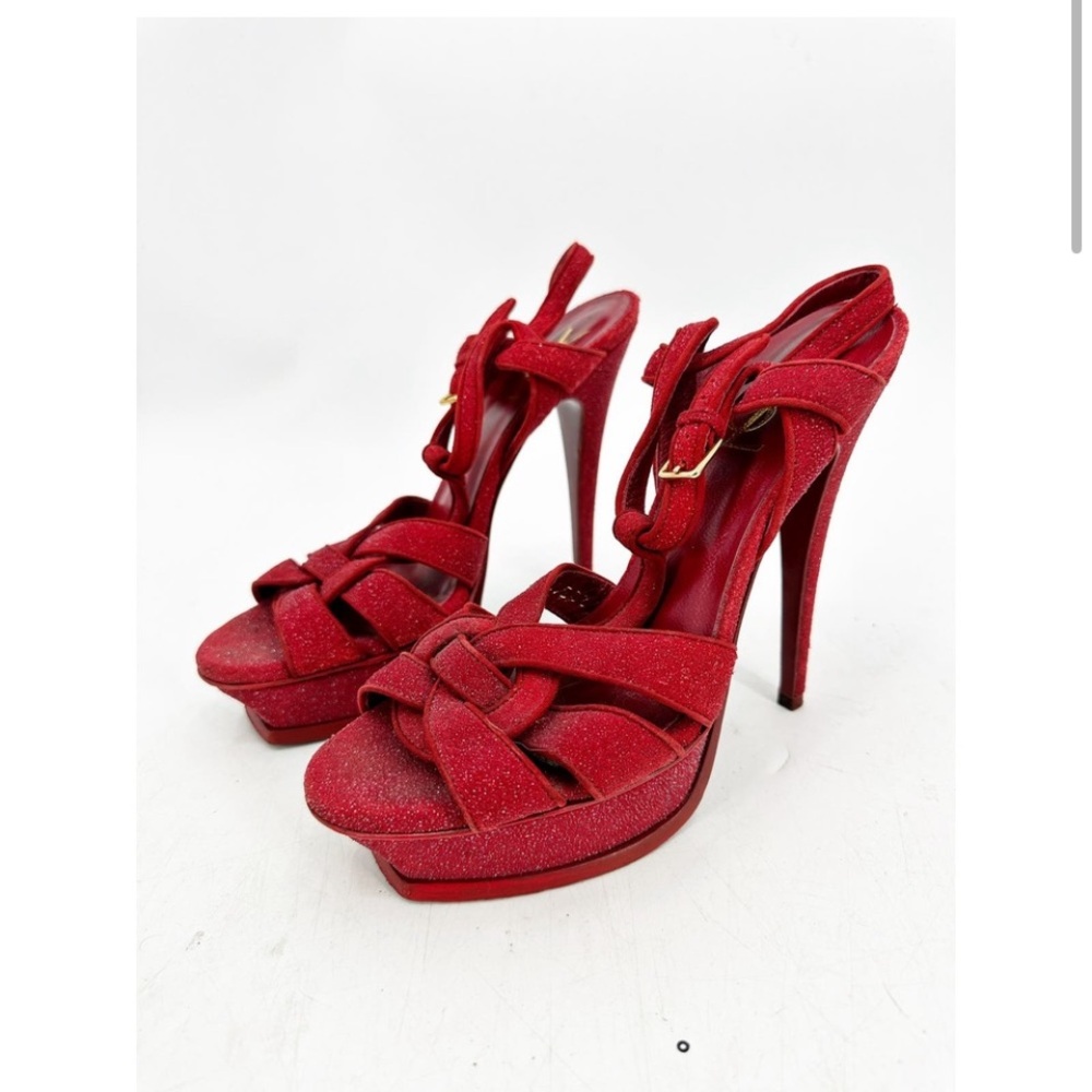 SAINT LAURENT Suede Quartz Tribute 75 Platform Sandals 39 Lipstick